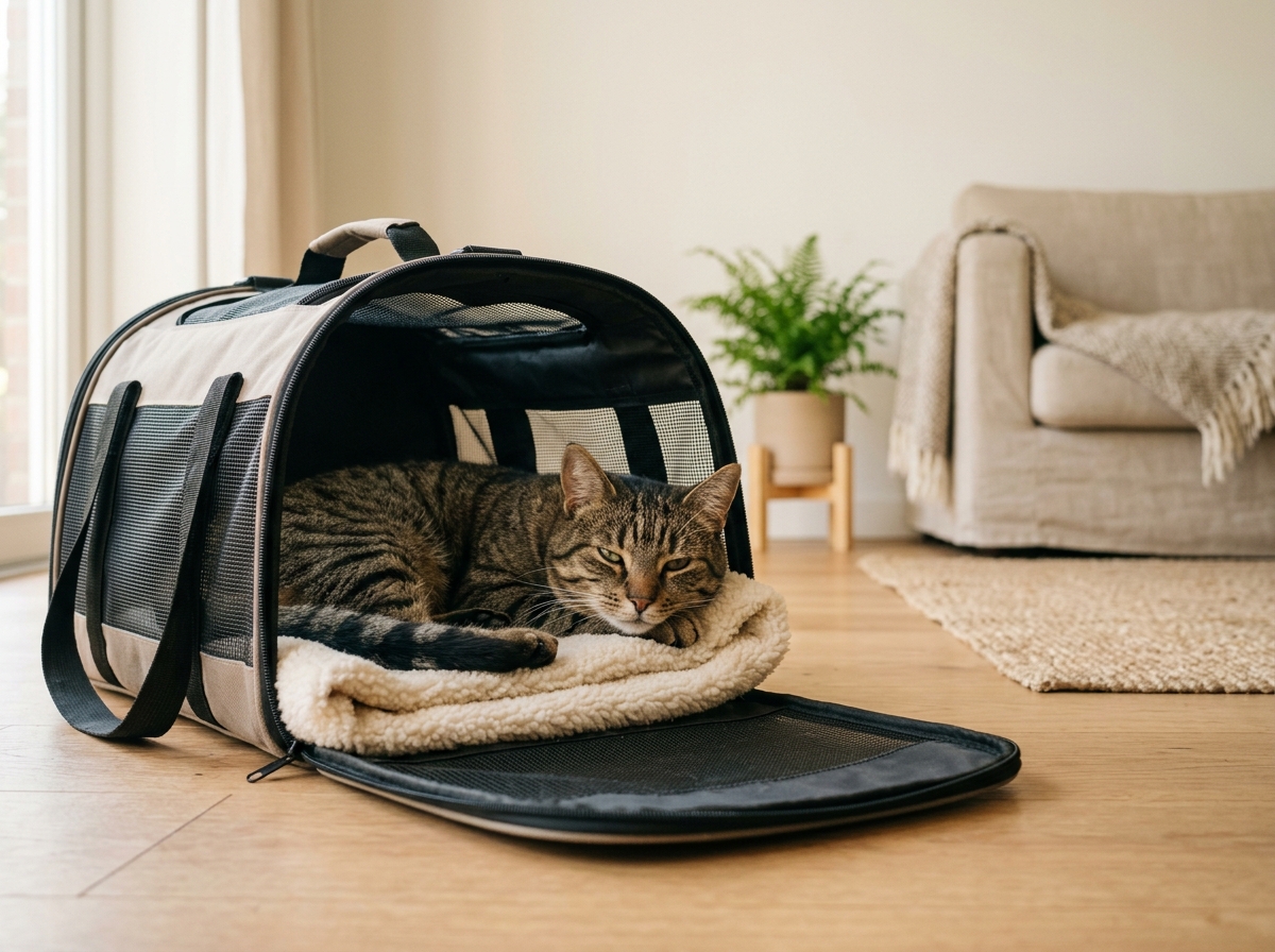 cat relaxing in carrier