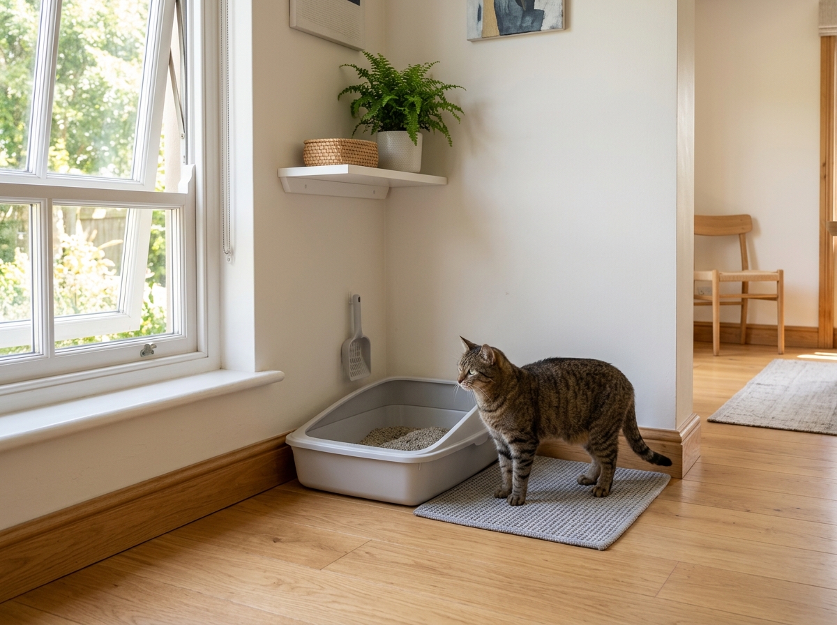 cat by open litter box
