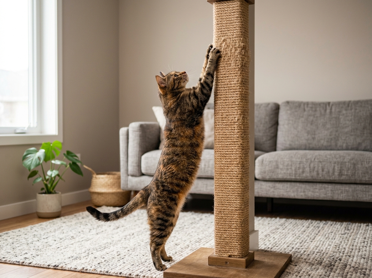 cat stretching on scratcher